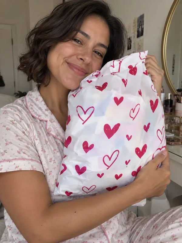 Mujer en pijama abrazando su bolsita de corazones